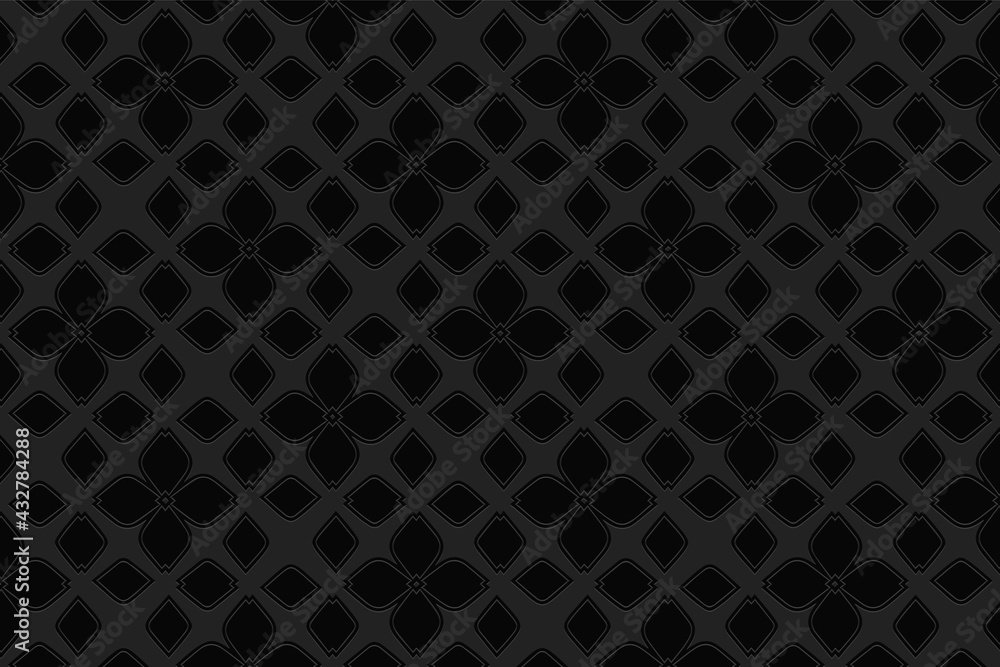 3d volumetric convex embossed geometric black background. Ethnic pattern in doodling style, handmade. Islamic abstract ornament for wallpaper, stained glass, presentations, textiles, website. 3d volumetric convex embossed geometric black background. Ethnic pattern in doodling style, handmade. Islamic abstract ornament for wallpaper, stained glass, presentations, textiles, website.