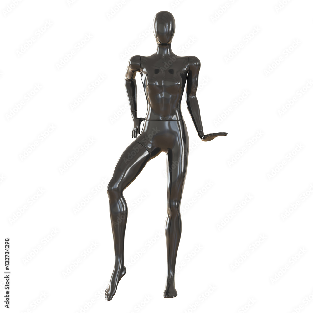 A black female abstract mannequin stands with one leg bent and holding a hand near the waist on a white background. Front view. 3d rendering