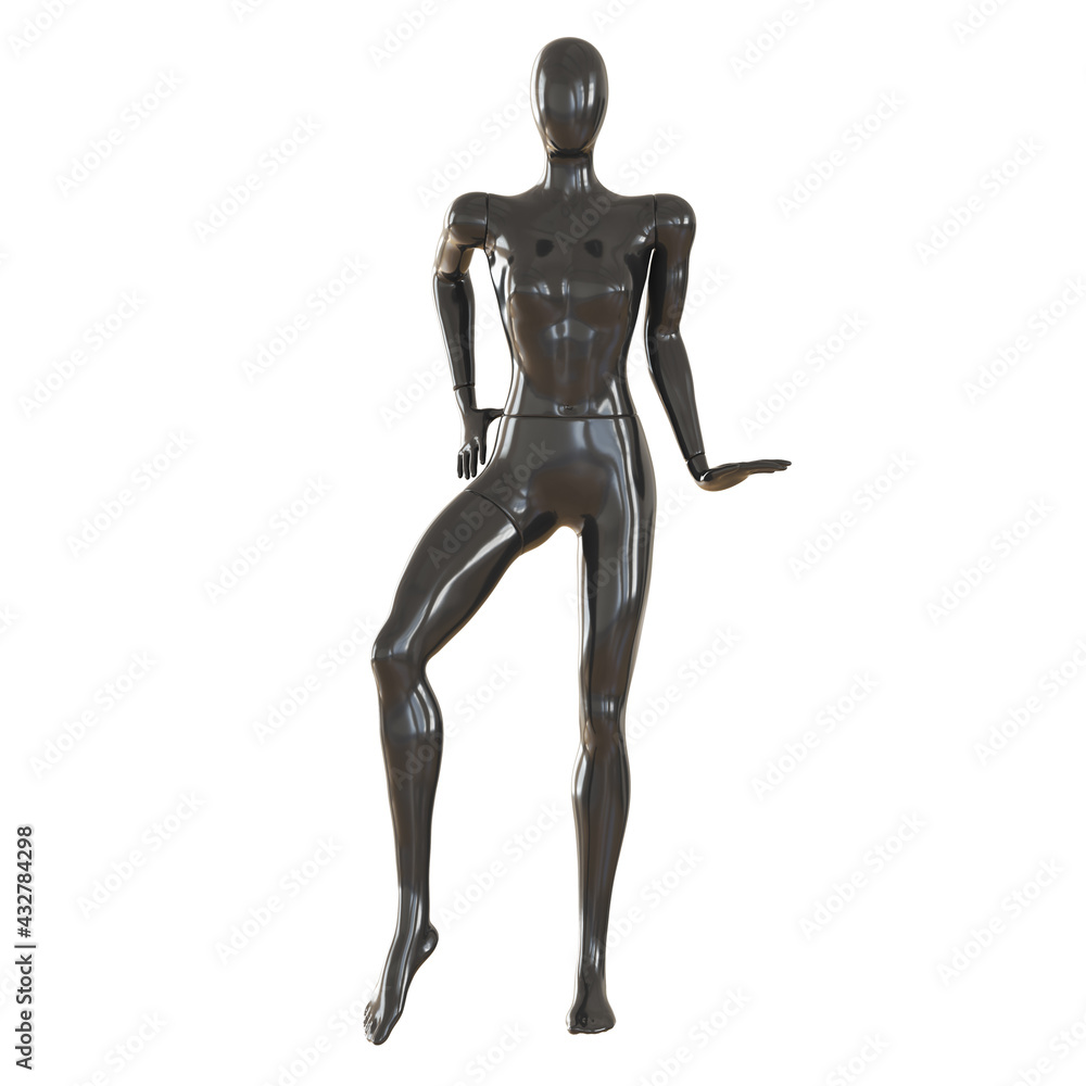 A black female abstract mannequin stands with one leg bent and holding a hand near the waist on a white background. Front view. 3d rendering A black female abstract mannequin stands with one leg bent and holding a hand near the waist on a white background. Front view. 3d rendering