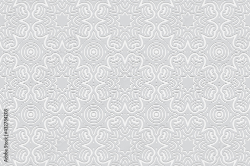 3d volumetric convex embossed geometric white background. Ethnic pattern in doodling style, handmade. Abstract floral ornament for wallpaper, stained glass, presentations, textiles, website.
