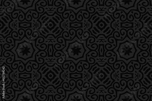 3d volumetric convex embossed geometric black background. Ethnic pattern in doodling style, handmade. Moroccan ornament for wallpaper, stained glass, presentations, textiles, website.