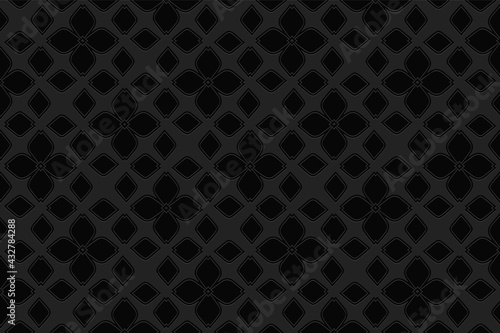 3d volumetric convex embossed geometric black background. Ethnic pattern in doodling style, handmade. Islamic abstract ornament for wallpaper, stained glass, presentations, textiles, website.
