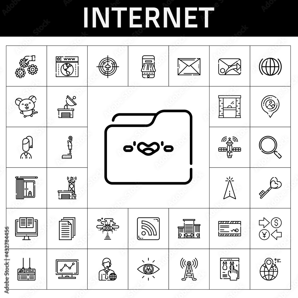 internet icon set. line icon style. internet related icons such as antenna, cursor, payment method, access, mail, searching, news reporter, global, satellite dish, office