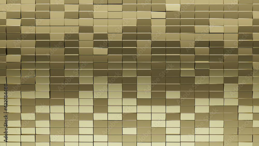 Gold Tiles arranged to create a Luxurious wall. Glossy, Rectangle Background formed from 3D blocks. 3D Render Gold Tiles arranged to create a Luxurious wall. Glossy, Rectangle Background formed from 3D blocks. 3D Render