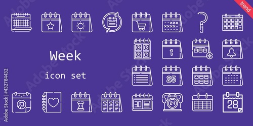 week icon set. line icon style. week related icons such as calendar  diary  sickle  24 hours