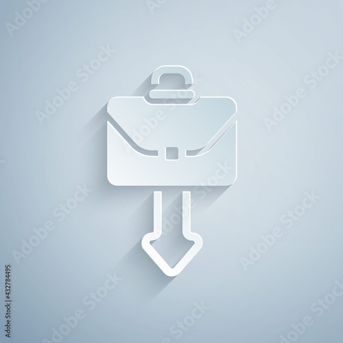 Paper cut Briefcase icon isolated on grey background. Business case sign. Business portfolio. Paper art style. Vector