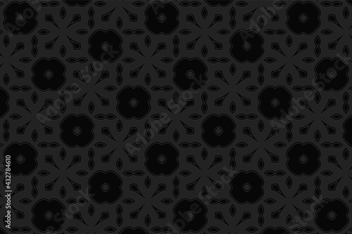 3d volumetric convex embossed geometric black background. Ethnic pattern in doodling style, handmade. Beautiful oriental ornament for wallpaper, stained glass, presentations, textiles, website.