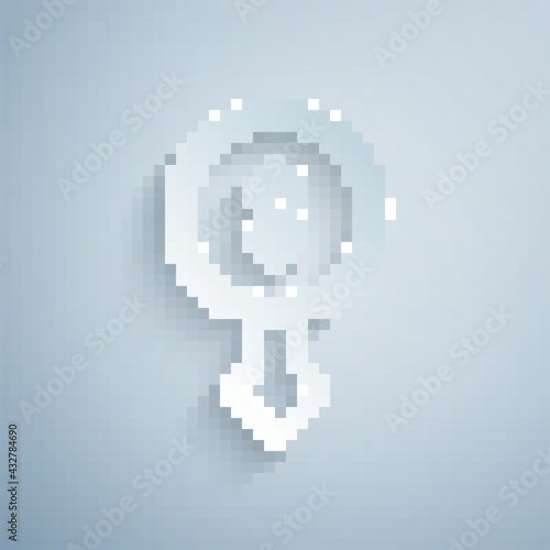 Paper cut Dollar rate decrease icon isolated on grey background. Cost reduction. Money symbol with down arrow. Business lost crisis decrease. Paper art style. Vector