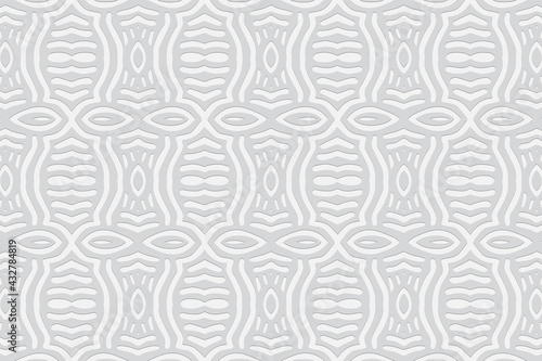 3d volumetric convex embossed geometric white background. Ethnic pattern in doodling style, handmade. Figured Aztec ornament for wallpaper, stained glass, presentations, textiles, website.