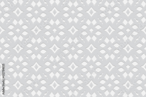 3d volumetric convex embossed geometric white background. Ethnic pattern in doodling style, handmade. Figured oriental ornament for wallpaper, stained glass, presentations, textiles, website.