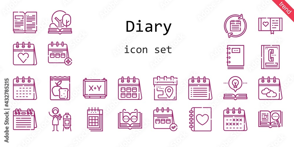 diary icon set. line icon style. diary related icons such as calendar, meal, diary, phone book, open book, vertical, board, notebook, diary icon set. line icon style. diary related icons such as calendar, meal, diary, phone book, open book, vertical, board, notebook,