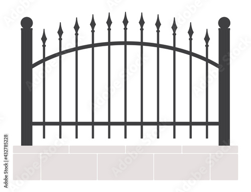 Vintage wall with black iron fence with spearheads. Isolated on white background.