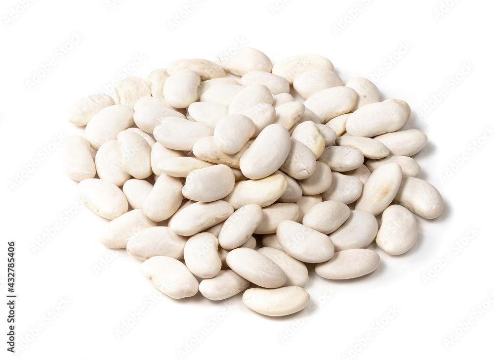 handful of white beans closeup on white handful of white beans closeup on white