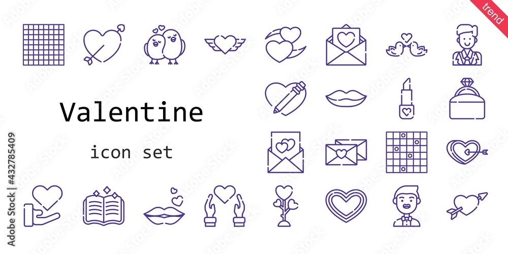 valentine icon set. line icon style. valentine related icons such as cupid, love, lips, groom, spellbook, engagement ring, love birds, tic tac toe, love letter, lipstick, kiss, heart,