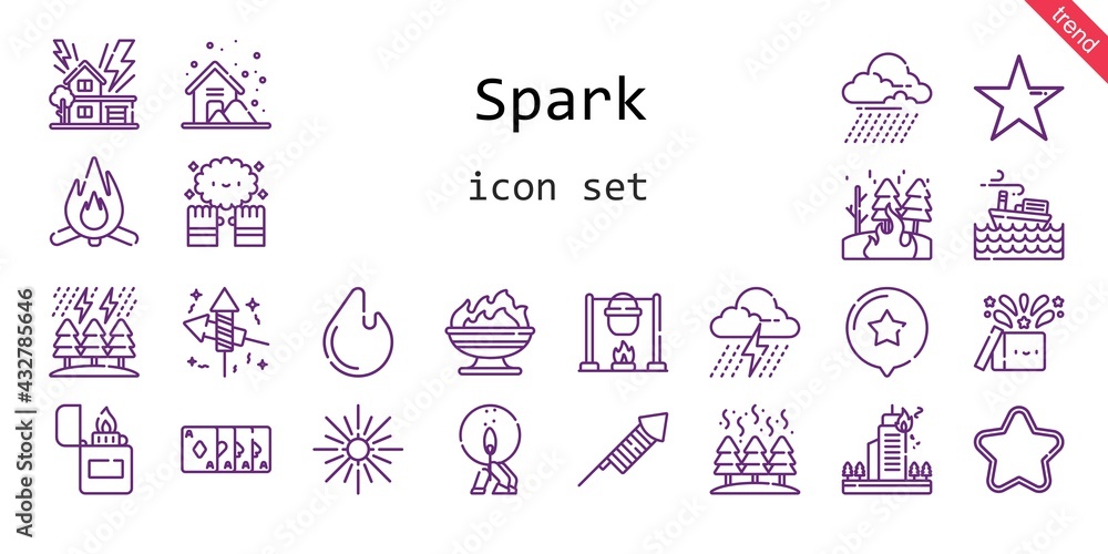 spark icon set. line icon style. spark related icons such as magic, storm, star, magic trick, match, lighter, fire, fireworks, bonfire,