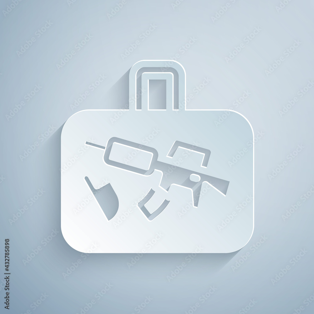 Paper cut Suitcase for travel icon isolated on grey background. Traveling baggage sign. Travel luggage icon. Paper art style. Vector Paper cut Suitcase for travel icon isolated on grey background. Traveling baggage sign. Travel luggage icon. Paper art style. Vector