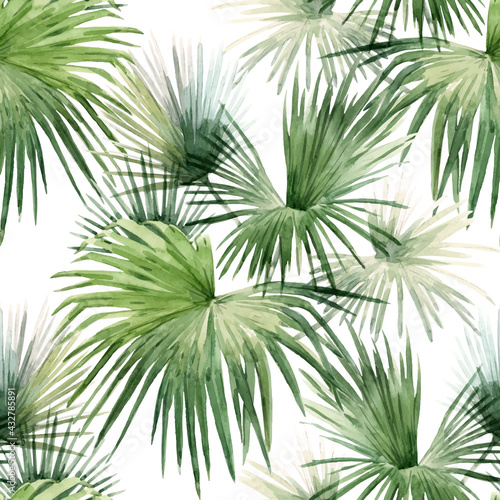 Beautiful vector seamless pattern with watercolor tropical palm leaves. Stock illustration.