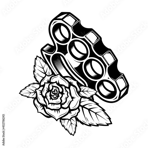 Illustration of brass knuckle with roses. Design element for logo, label, sign, emblem. Vector illustration