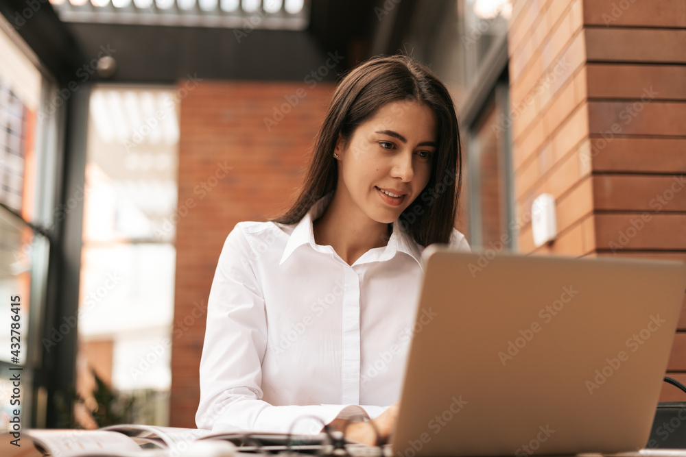 Concentrated at work. Young beautiful woman using her laptop while sitting. Beautiful clever cute charming attractive elegant female owner has online meeting indoors