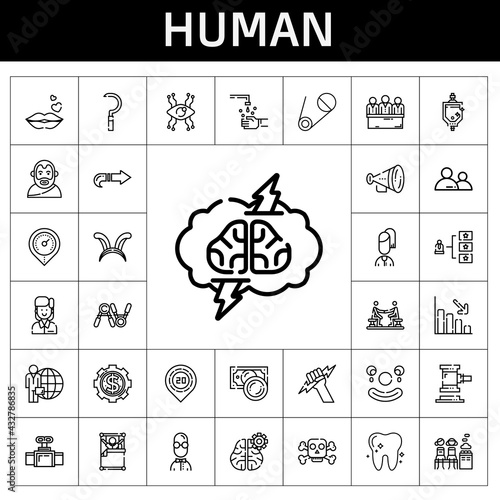 human icon set. line icon style. human related icons such as next, sickle, exercise, wake up, employee, kiss, auction, skills, loss, candidate, clown, placeholder, hand wash