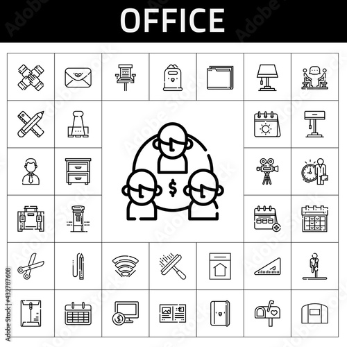 office icon set. line icon style. office related icons such as office chair, paper clip, discussion, employee, stretching, computer, postcard, window cleaner, businessman, notebook