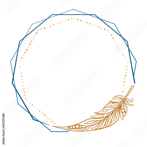 Vector round polygonal dotted frame with feather decoration