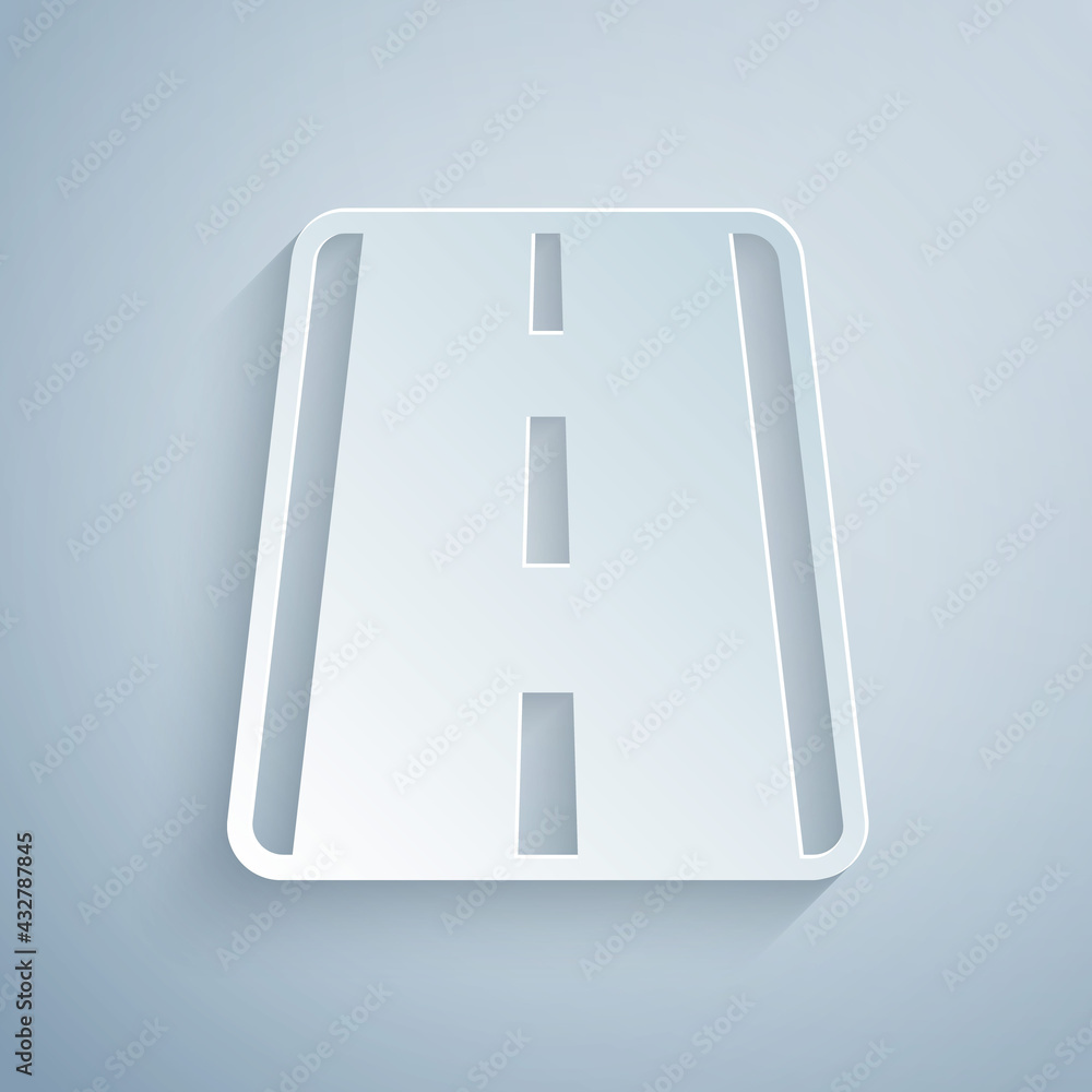 Paper cut Airport runway for taking off and landing aircrafts icon isolated on grey background. Paper art style. Vector Paper cut Airport runway for taking off and landing aircrafts icon isolated on grey background. Paper art style. Vector