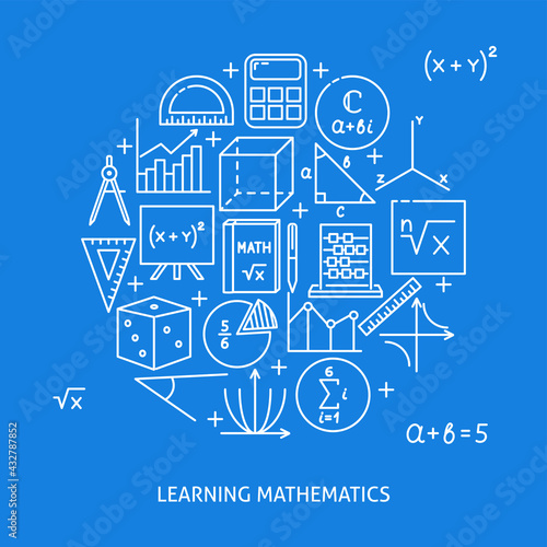 Learning mathematics round banner in line style
