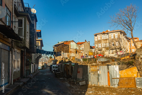 View of ramshackle houses in residential quarter Eminonu, Fatih district in Istanbul, Turkey. Shooting date 2021.