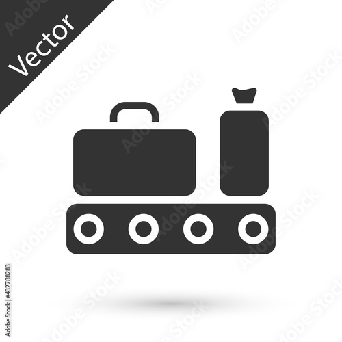 Grey Airport conveyor belt with passenger luggage, suitcase, bag, baggage icon isolated on white background. Vector