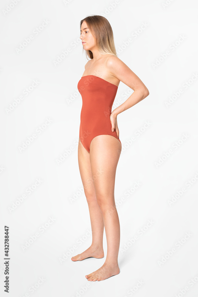 Strapless orange swimsuit women's summer apparel with design space full body