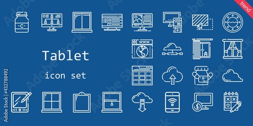 tablet icon set. line icon style. tablet related icons such as tablet, computer, pc, web, mobile phone, browser, medicine, monitor, window, drag, cloud computing, trial