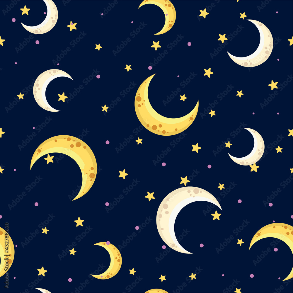 Naklejka premium Holiday background, seamless pattern with stars and the moon, star pattern, moon and stars decorations.
