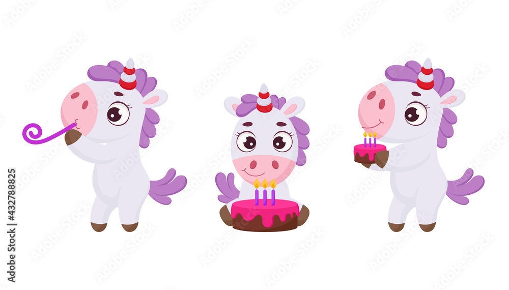 Fototapeta Set of cute magical unicorn celebration with cake. Funny magic unicorn cartoon character for print, cards, baby shower, invitation, wallpapers, decor. Bright colored childish stock vector illustration