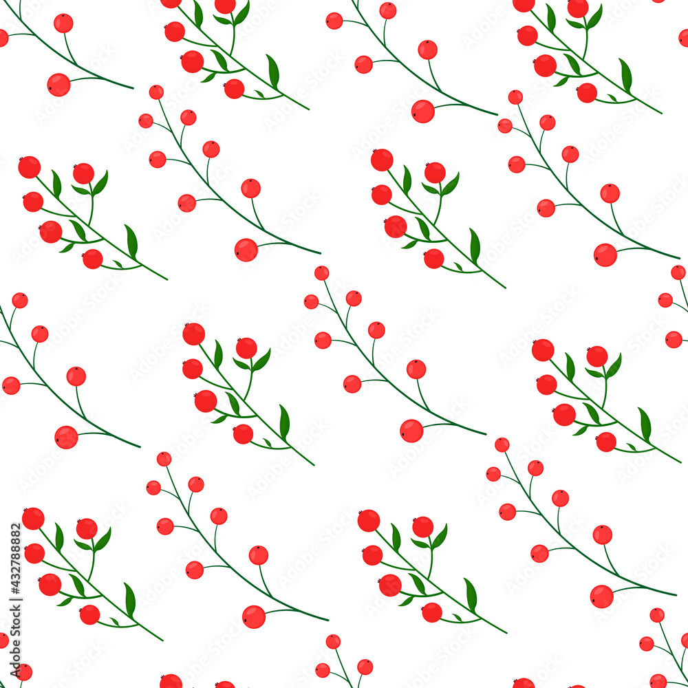 Vector seamless pattern with red berries and green leaves. Vector seamless pattern with red berries and green leaves.