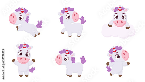 Set of cute magical unicorn with different poses. Funny magic unicorn cartoon character for print, cards, baby shower, invitation, wallpapers, decor. Bright colored childish stock vector illustration