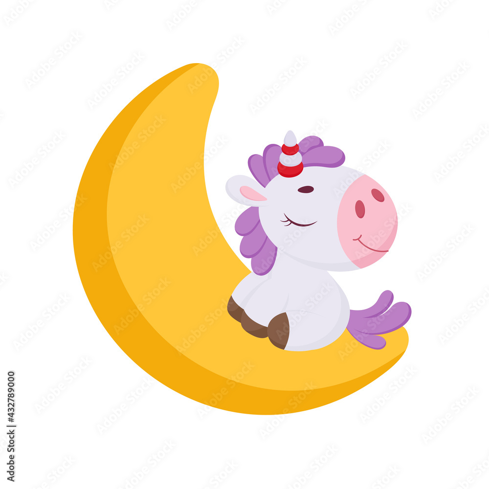 Cute magical unicorn sleeping on moon. Funny magic unicorn cartoon character for print, cards, baby shower, invitation, wallpapers, decor. Stock vector illustration. Cute magical unicorn sleeping on moon. Funny magic unicorn cartoon character for print, cards, baby shower, invitation, wallpapers, decor. Stock vector illustration.