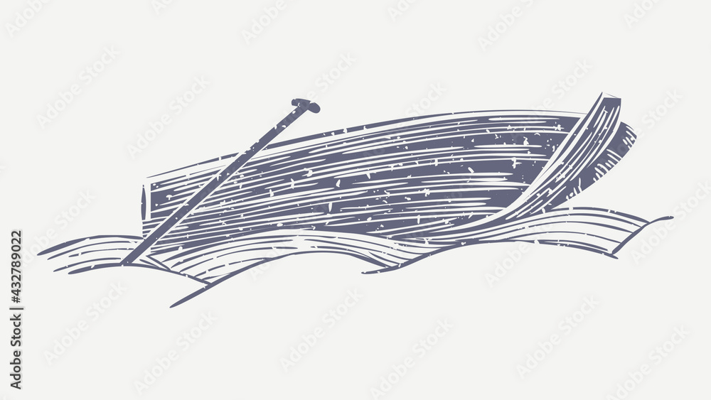 Muted blue boat linocut in cute illustration Muted blue boat linocut in cute illustration