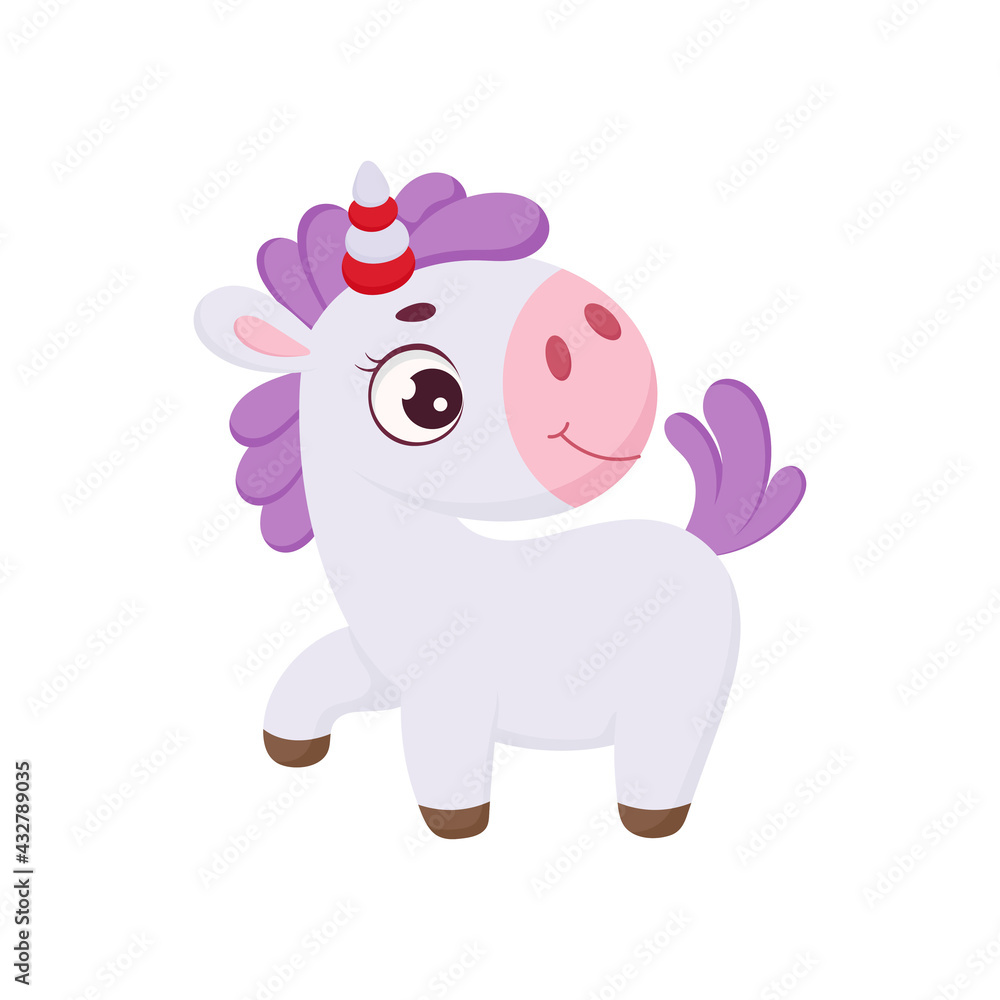 Cute magical unicorn. Funny magic unicorn cartoon character for print, cards, baby shower, invitation, wallpapers, decor. Bright colored childish stock vector illustration.