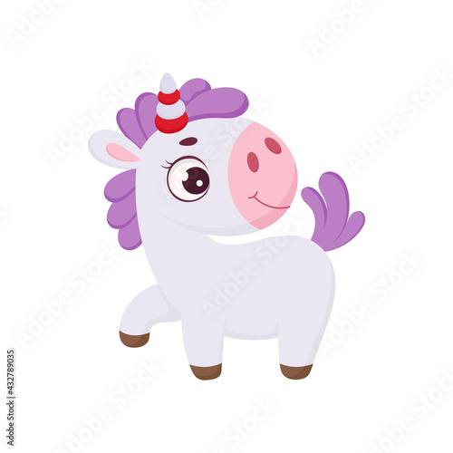 Cute magical unicorn. Funny magic unicorn cartoon character for print, cards, baby shower, invitation, wallpapers, decor. Bright colored childish stock vector illustration. © Jexy