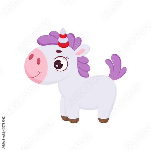Funny magic unicorn. Cute magical unicorn cartoon character for print, cards, baby shower, invitation, wallpapers, decor. Bright colored childish stock vector illustration. © Jexy
