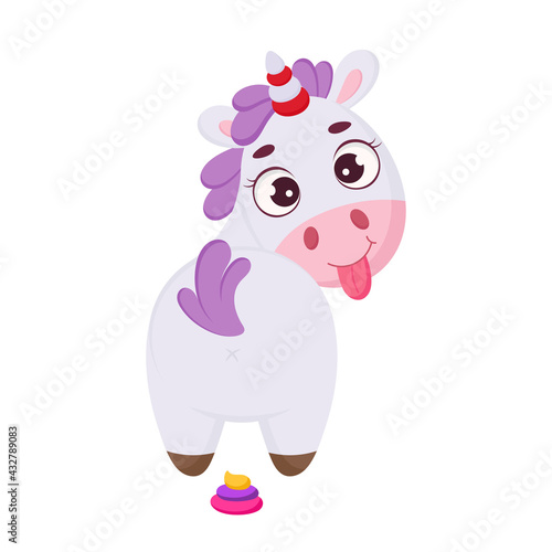 Cute magical unicorn with rainbow colored poop. Funny magic unicorn cartoon character for print, cards, baby shower, invitation, wallpapers, decor. Bright colored childish stock vector illustration.