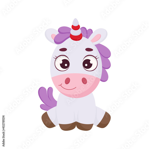 Funny magic sitting unicorn. Cute magical unicorn cartoon character for print  cards  baby shower  invitation  wallpapers  decor. Bright colored childish stock vector illustration.