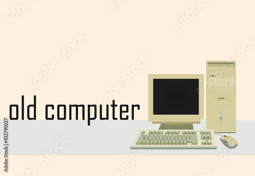 Vintage old personal Computer with mouse, keyboard and monitor. Text line on yellow background. Vector illustration poster card.