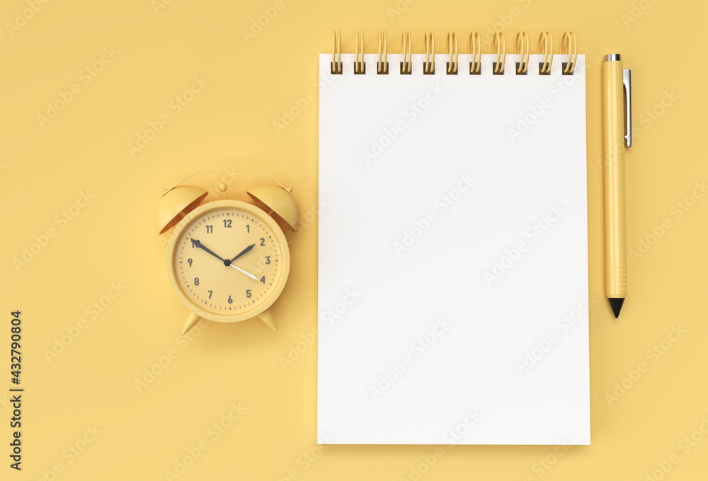 3D Render Pen and Notepad with Alram Clock on the Pastel Yellow Background. 3D Render Pen and Notepad with Alram Clock on the Pastel Yellow Background.