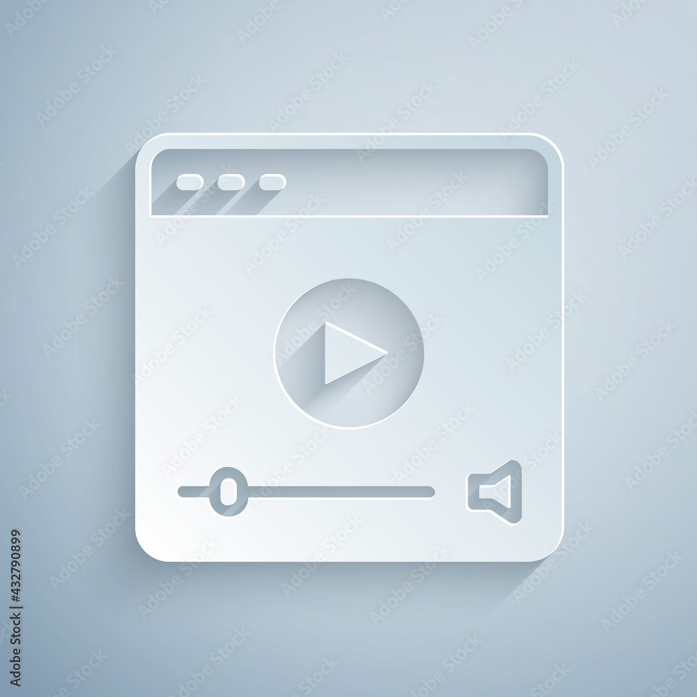Paper cut Online play video icon isolated on grey background. Film strip with play sign. Paper art style. Vector Paper cut Online play video icon isolated on grey background. Film strip with play sign. Paper art style. Vector
