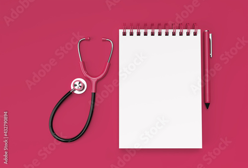 3D Render Pen and Notepad with Doctor Stethoscope on the Pastel Pink Background.