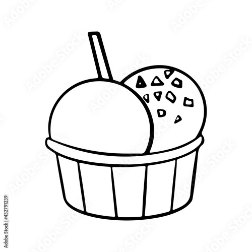 Hand drawn ice cream balls served in paper bowl decorated with chocolate chips. Vector hand drawn illustration