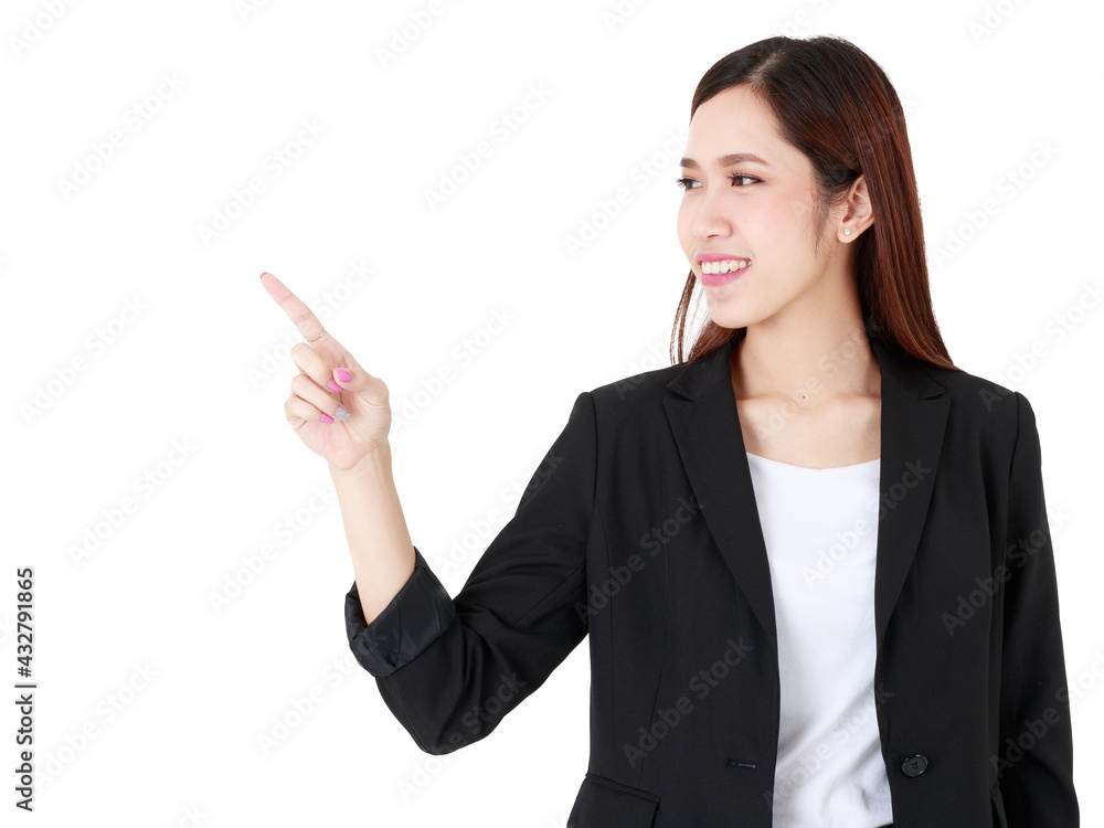 Asian adorable business woman with hair tied wearing casual black suit, happily smiling, pointing at blank copy space for advertisement, isolated white background cutout. Asian adorable business woman with hair tied wearing casual black suit, happily smiling, pointing at blank copy space for advertisement, isolated white background cutout.