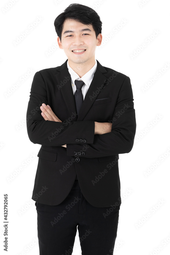 Asian business working handsome man wearing formal suit with necktie, crossing arms and smiling with confidence, showing professional leadership, standing on isolated white background cutout. Asian business working handsome man wearing formal suit with necktie, crossing arms and smiling with confidence, showing professional leadership, standing on isolated white background cutout.